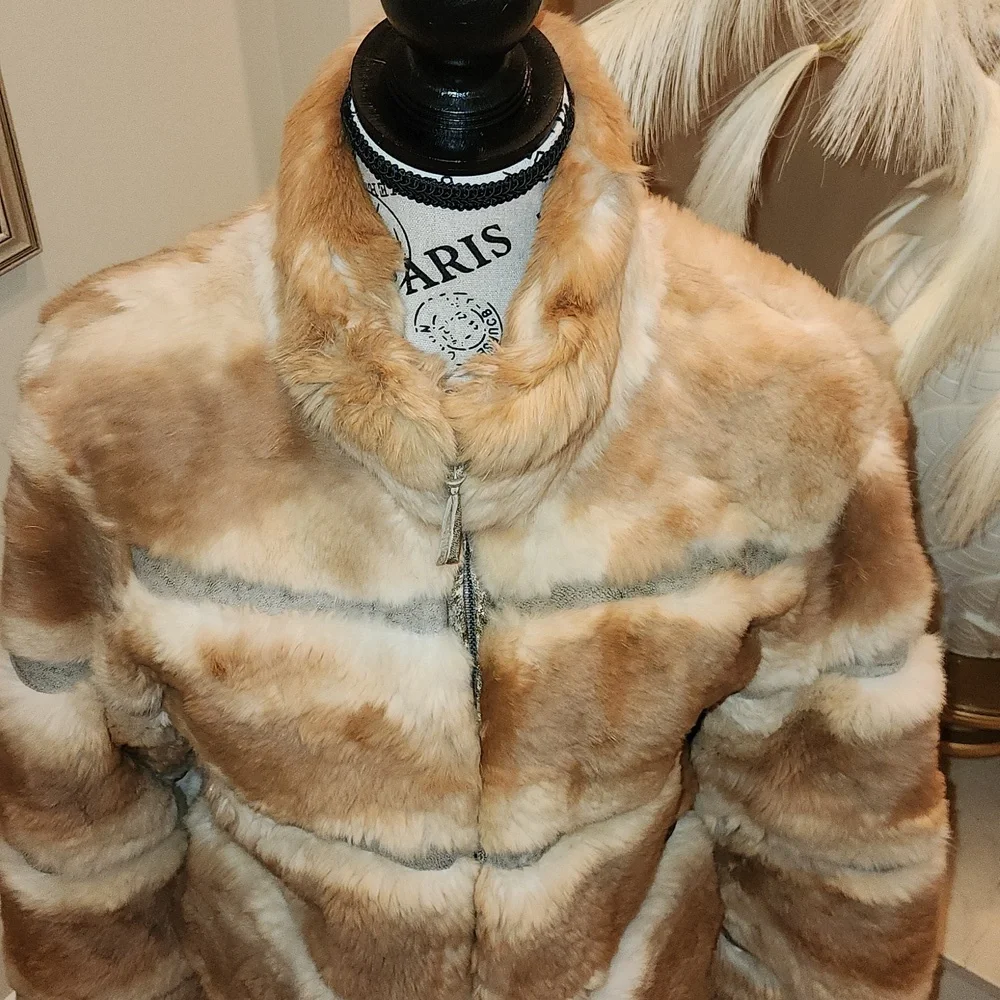 Vintage June  genuine natural rabbit fur and leather details  jacket  size M - Picture 8 of 17
